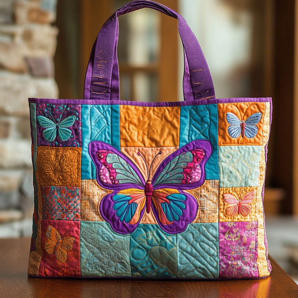 Rainbow Patch Butterfly CW2409017CL Quilted Tote Bag