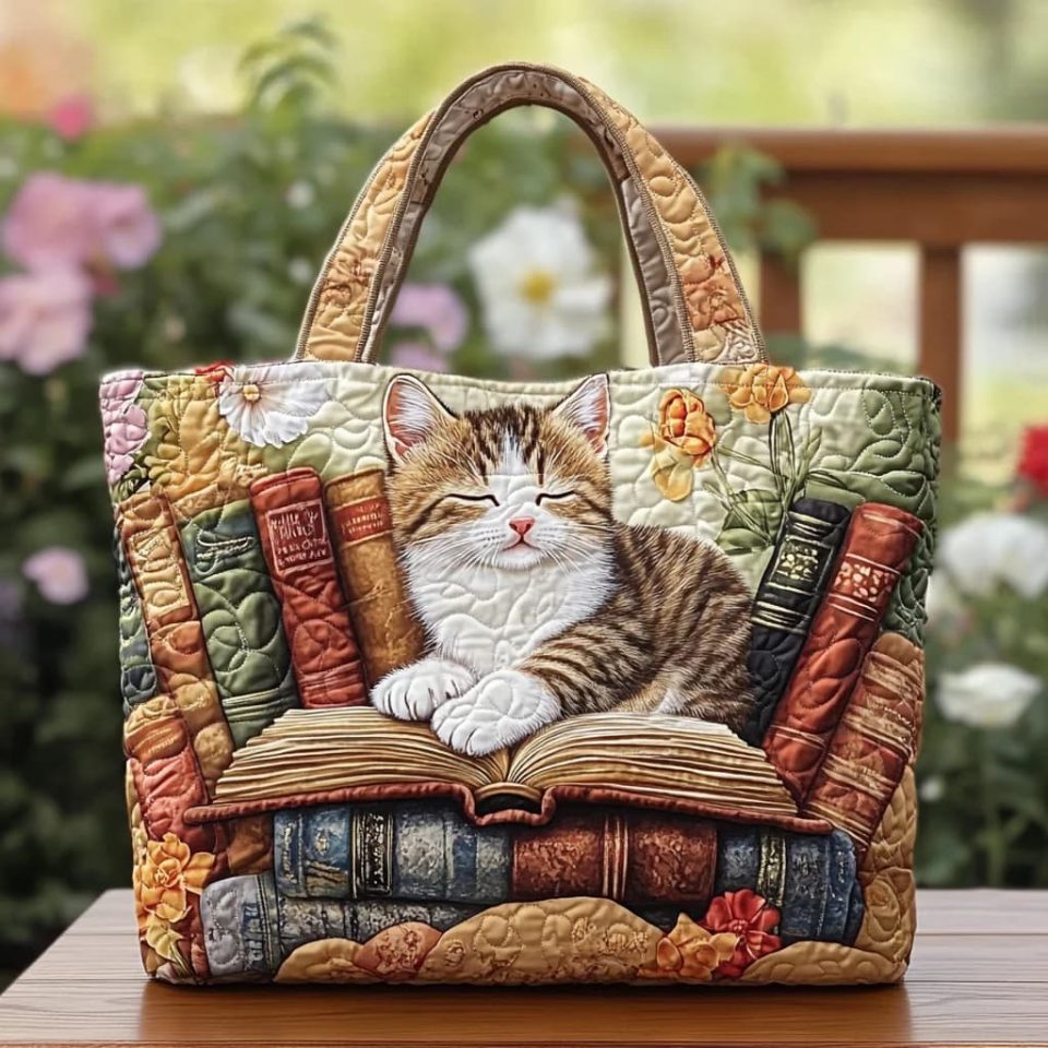 Golden Cat Quilted Tote Baq