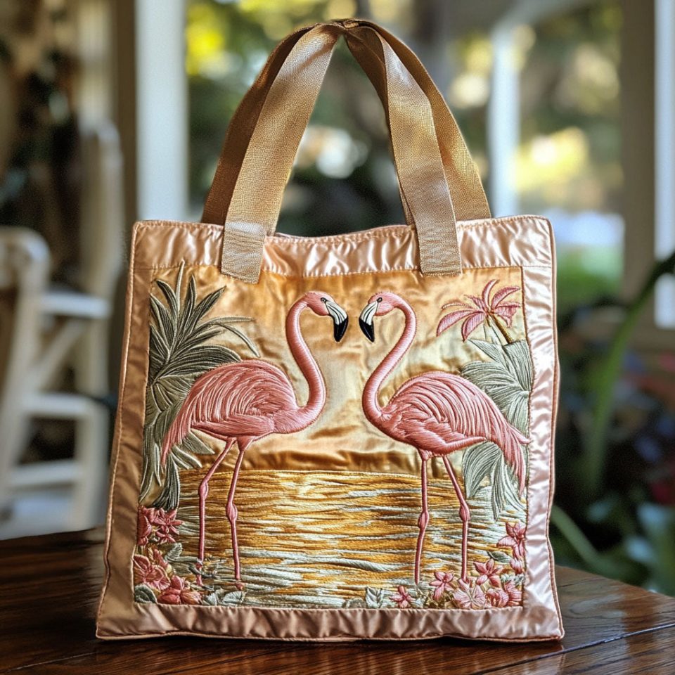 Golden Flamingo Forest CW2409009CL Quilted Tote Bag